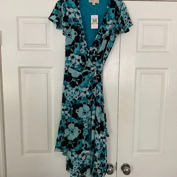 white christmas dresses MICHAEL Michael Kors Wrap Dress Blue Floral Print Georgette Size Extra –  Celebrity Owned